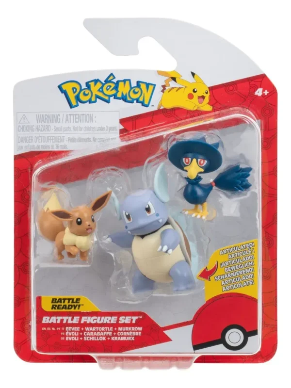 Set de 3 figuras de batalla:Eevee, wartortle, murkrow