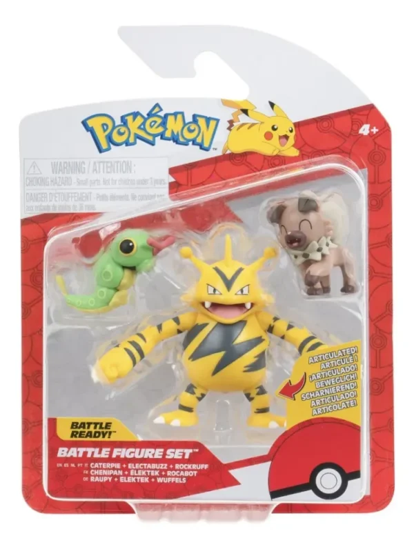 Set de 3 figuras de batalla:Caterpie ,electabuzz Y Rockruff