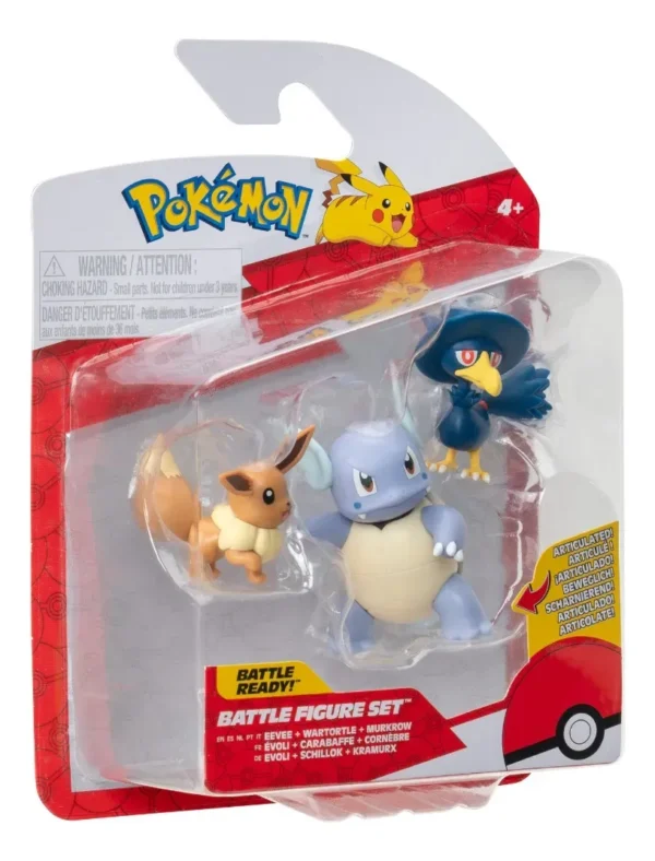 Set de 3 figuras de batalla:Eevee, wartortle, murkrow