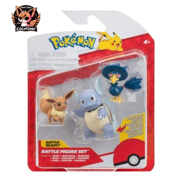Set de 3 figuras de batalla:Eevee, wartortle, murkrow